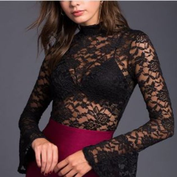 High Neck Flare Sleeve Open Back Lace Bodysuit - Picture 4 of 13